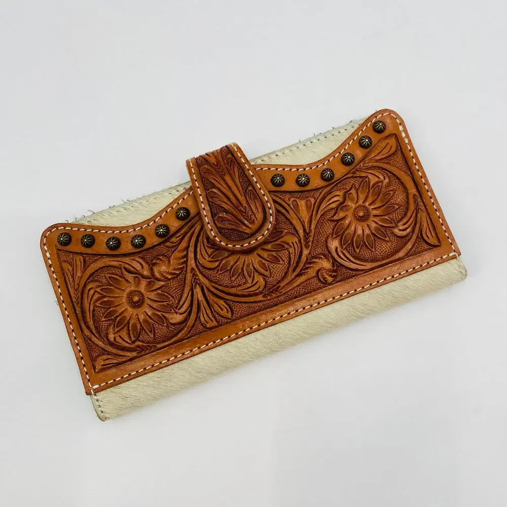 Tooled Leather and Cow Hide Western Bifold Wallet